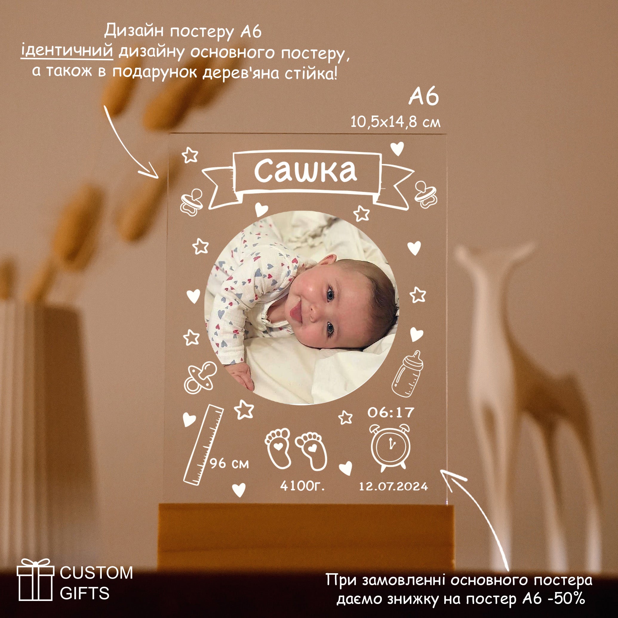 Памʼятний  іменний нічник з фото дитини та першими параметрами в подарунок